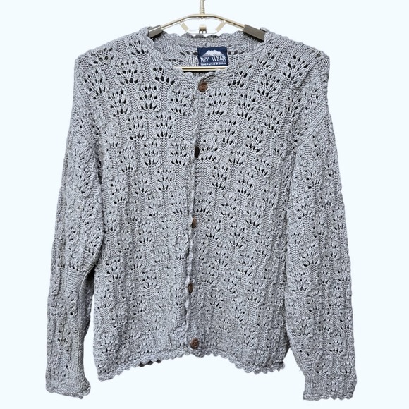 VTG 90s Women Hand Knit Cardigan Sweater XL Grey Chunky Eyelet Scalloped Cottage - Picture 1 of 9